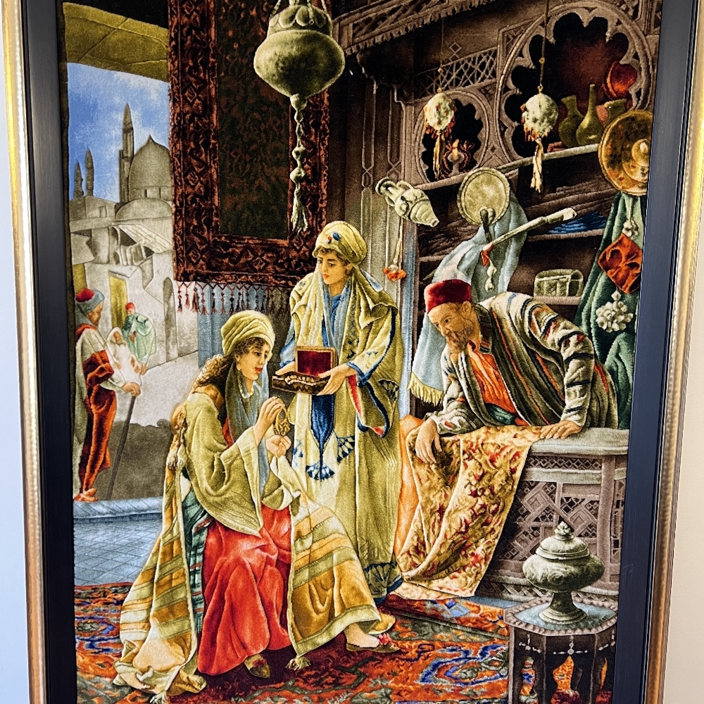 Unique Vintage Framed Hand Woven Silk Rug